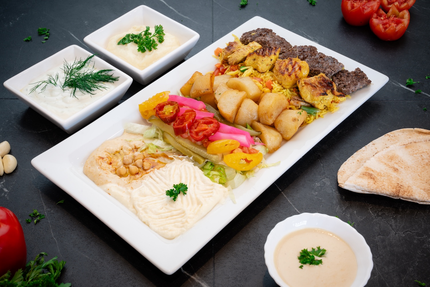 Beef Tenderloin and Chicken Tawook Kabab Plate